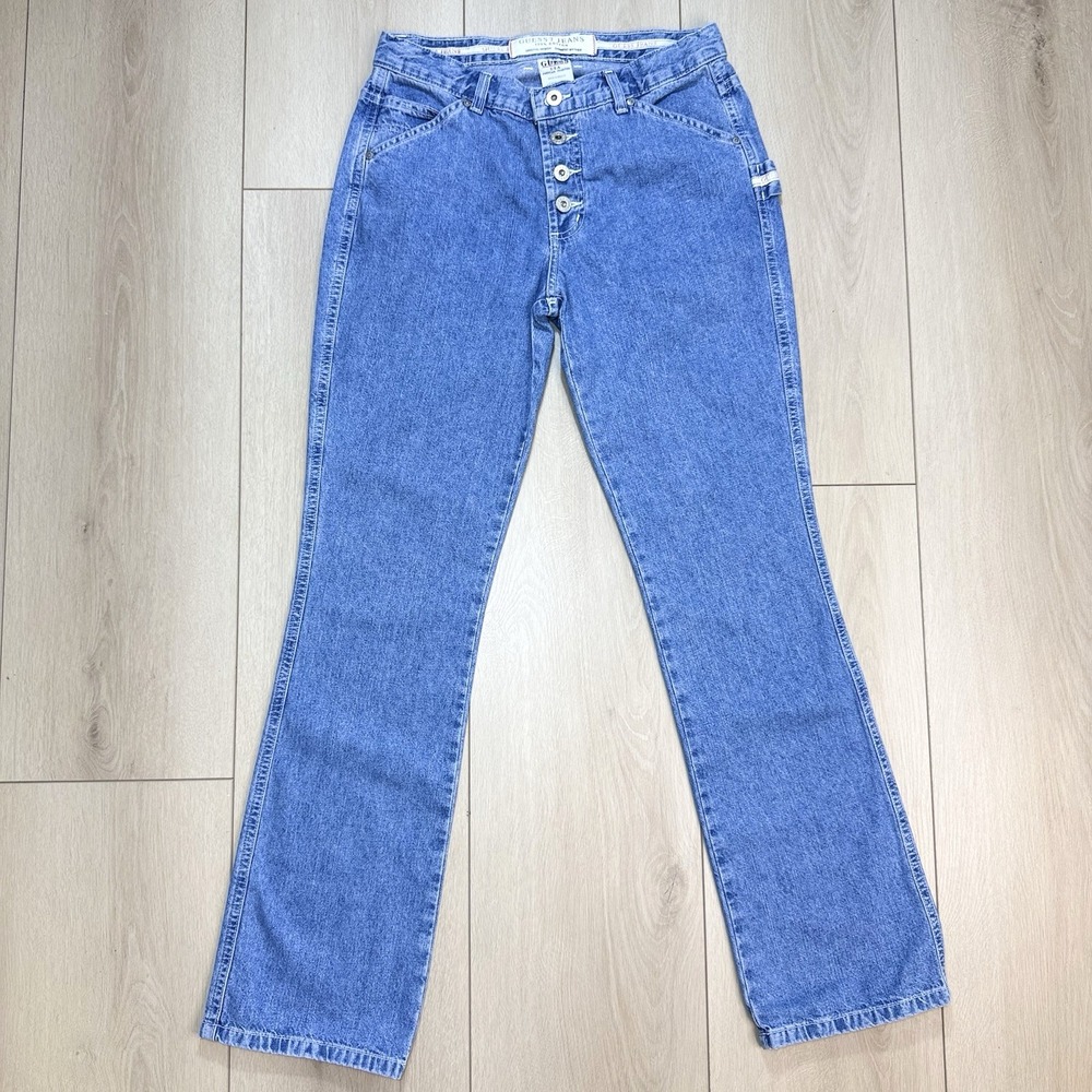VTG Y2K Guess Straight Leg Jeans Womens 28x32 High Rise Button Fly Blue Mexico